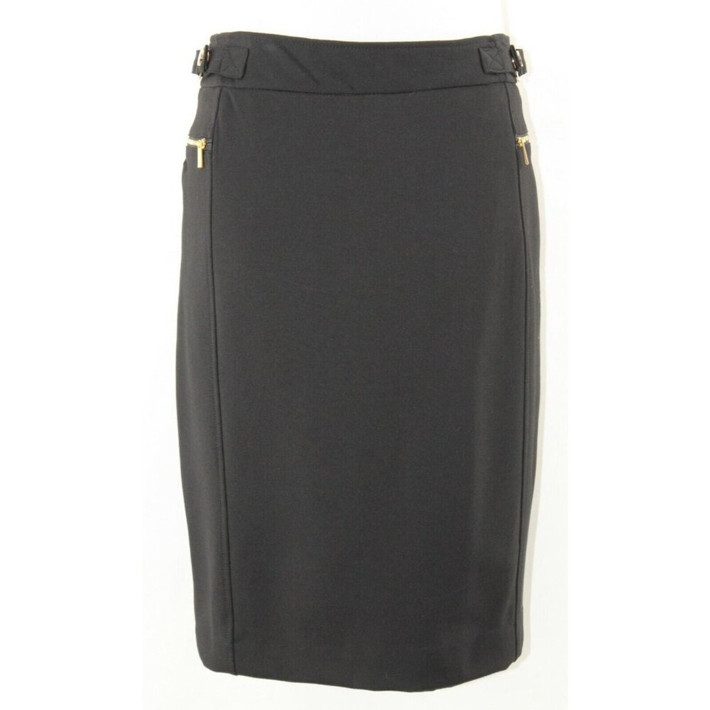 Carol Vee Sz 8 Black Straight Gold Metal Detail Rayon Poly Spandex Skirt 297N